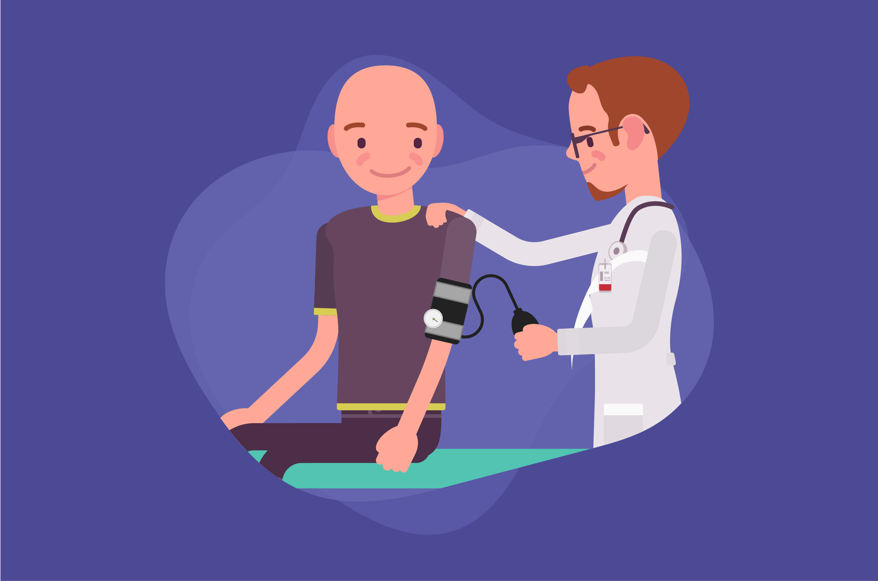  A bald person is getting their blood pressure taken by a doctor.